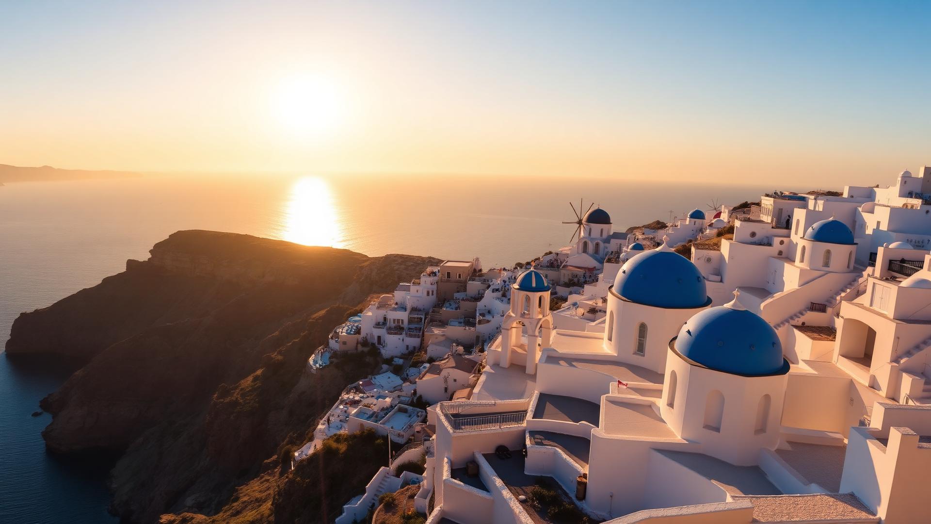 Santorini - Oia la apus, case albe cu cupole albastre